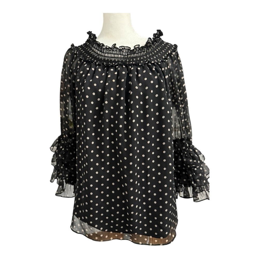 Express Black Polka Dot Off Shoulder Ruffle Top Size Large Sheer Sleeves Chiffon